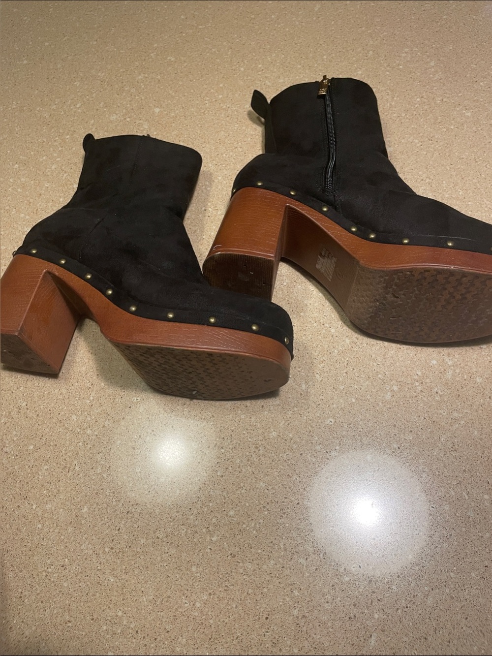 New York & Company Black Suede Platform Ankle Boots with Wood-Effect Block Heel